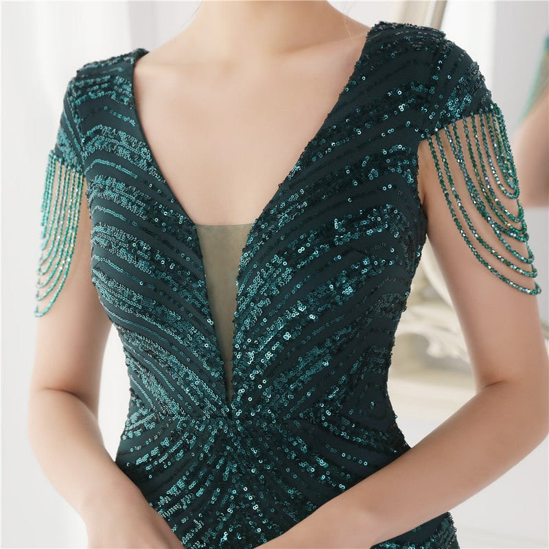 Beaded Green Evening Gown - Elegancemania