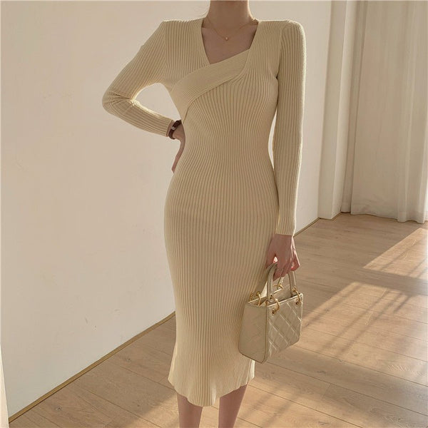 Long Sleeve Asymmetric Sweater Dress - Elegancemania