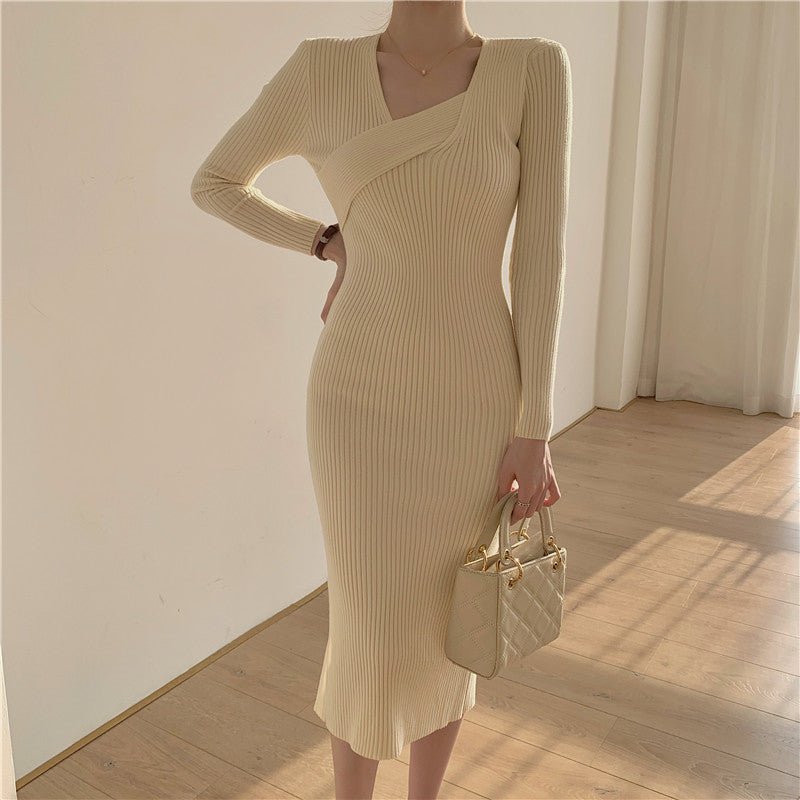 Long Sleeve Asymmetric Sweater Dress - Elegancemania