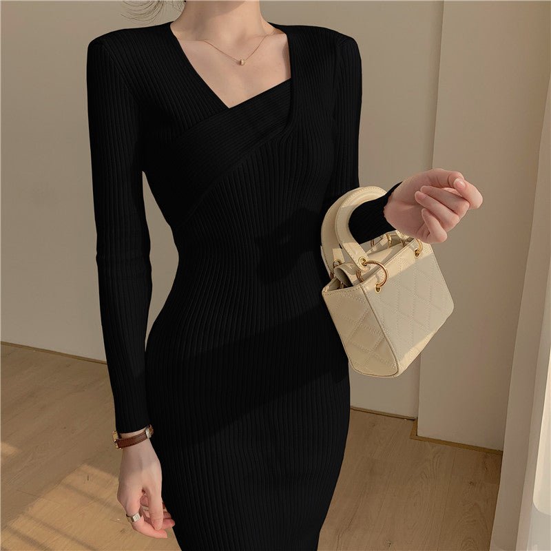 Long Sleeve Asymmetric Sweater Dress - Elegancemania