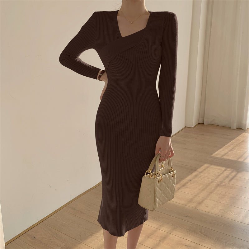 Long Sleeve Asymmetric Sweater Dress - Elegancemania