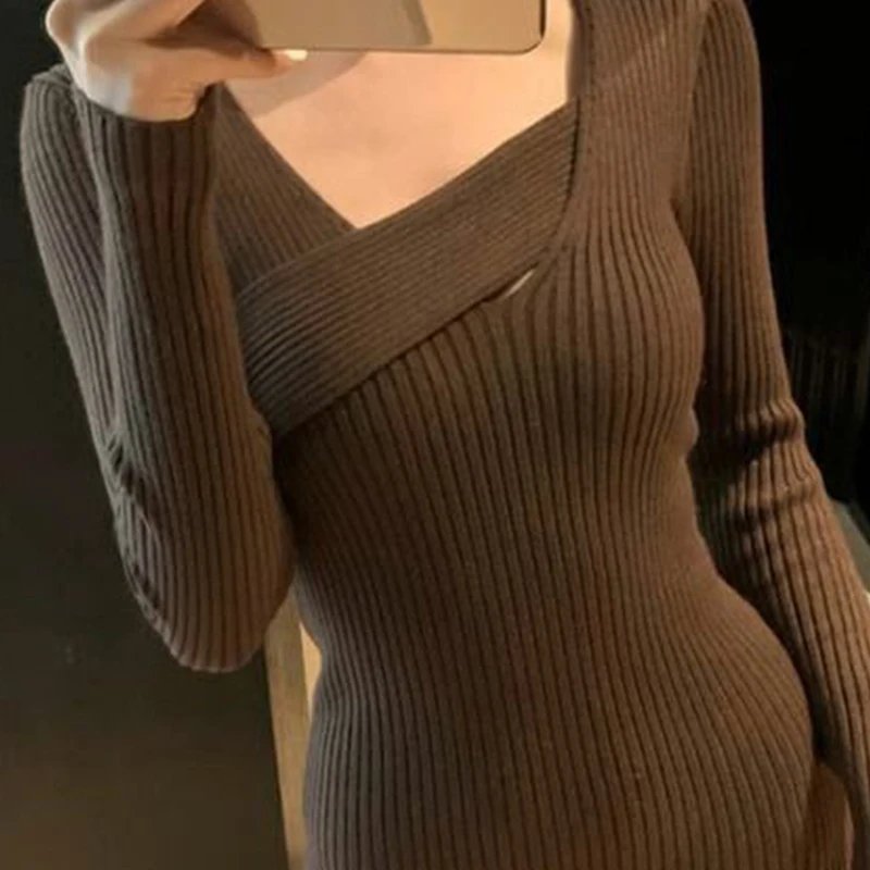 Long Sleeve Asymmetric Sweater Dress - Elegancemania