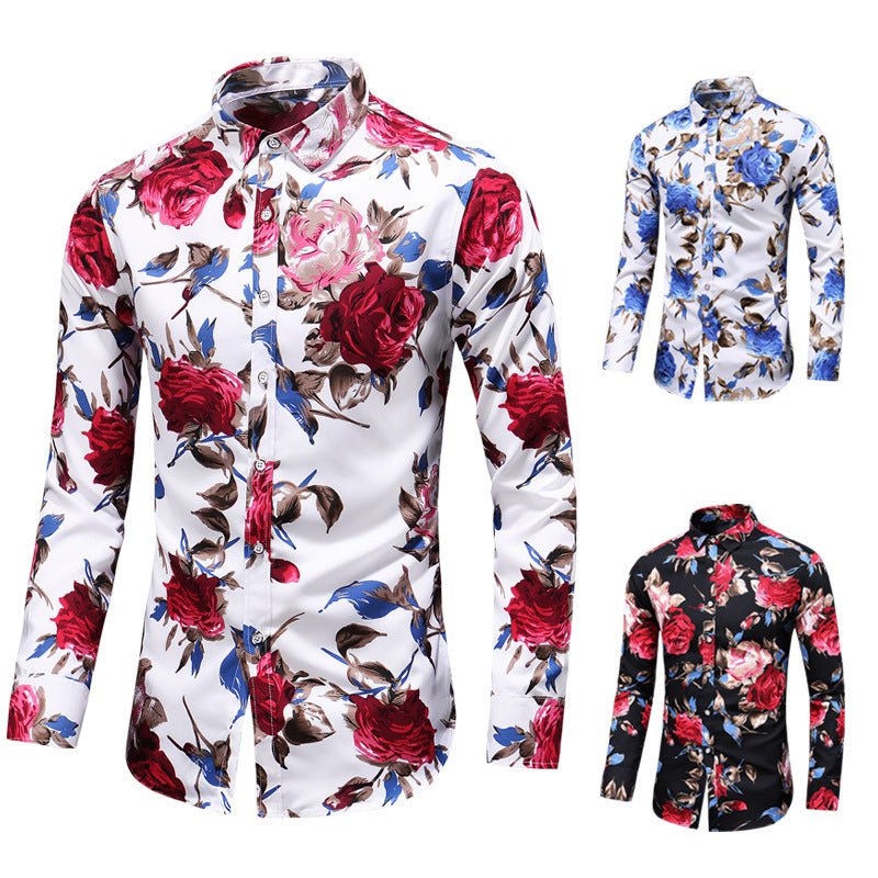 Men's Printed Long Sleeved Rose Flower Shirt - Elegancemania