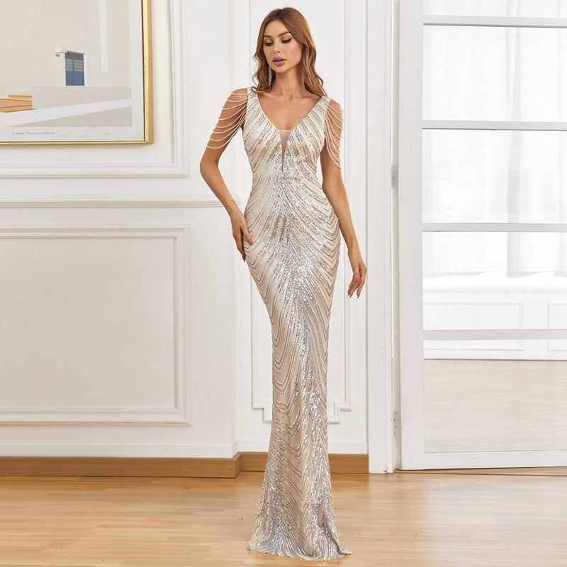 Sequin Beaded Fishtail Evening Dress - Elegancemania